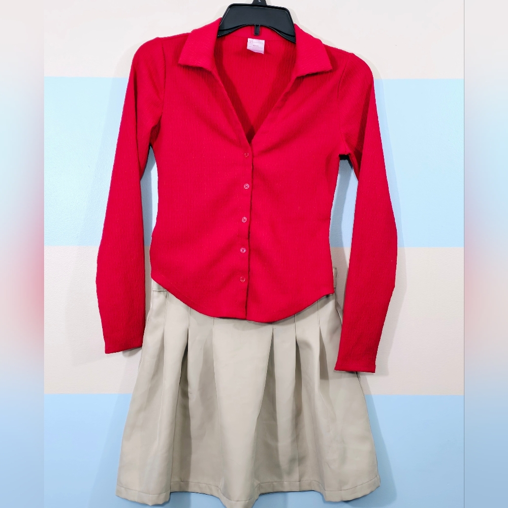 Girl's Red Button-Up Top with Beige Pleated Skirt - Picture 2 of 6